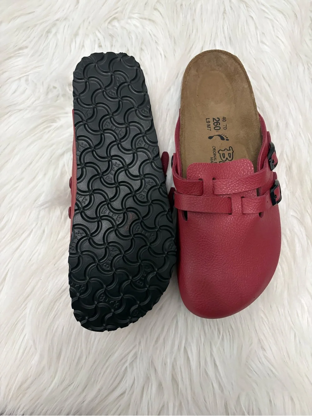 Birki's by Birkenstock Unisex Natural Red Leather Clog Cork Sole Mules
